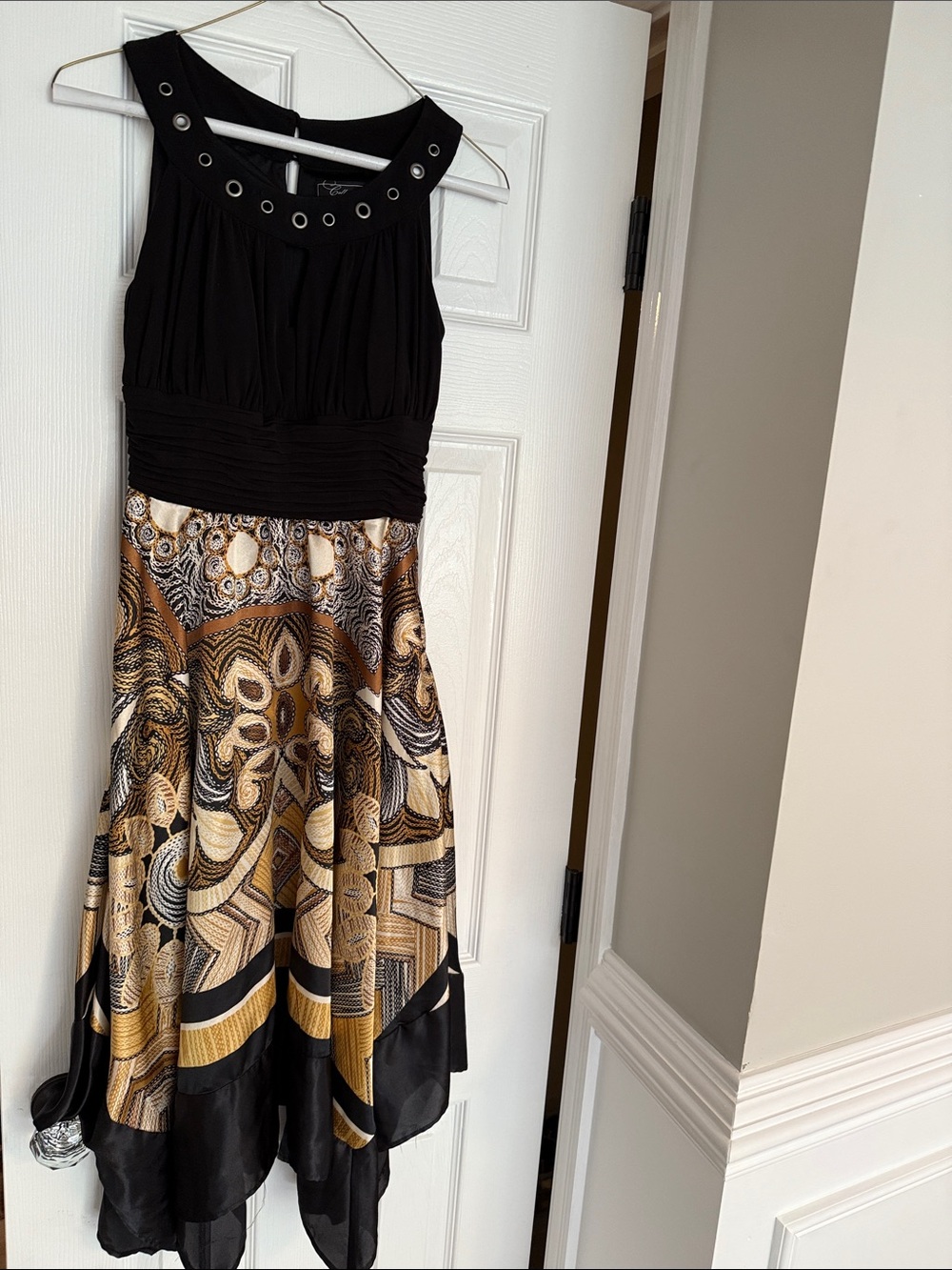 dressbarn Black and Gold Asymmetrical Midi Dress